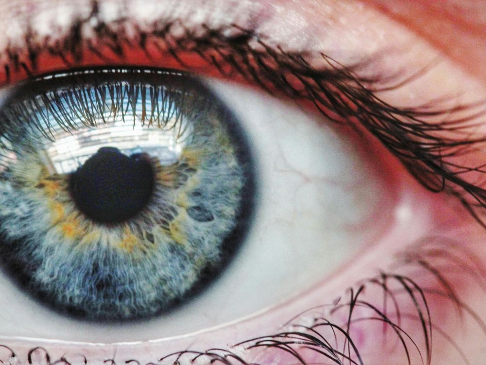 Imagem ampliada da íris azul com foco na superfície ocular, destacando a importância de identificar a córnea do olho danificada.